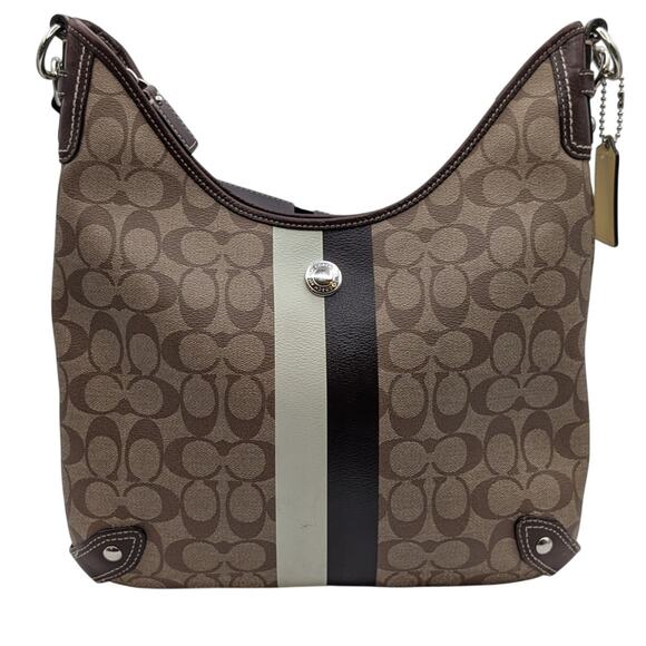 Coach F14476 Signature Stripe Chelsea Coated Canvas Leather Hobo Shoulder Bag - Picture 1 of 14
